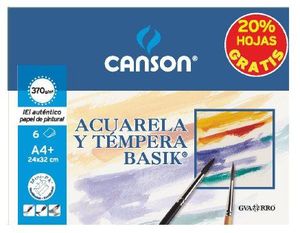 PACK 6 LAMINAS A4+ BASIK ACUARELA Y TEMPERA 370GRS CANSON