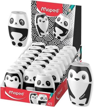 SACAPUNTAS CON DEPOSITO SHAKKY DE 1 AGUJERO PANDA Y PINGUINO MAPED