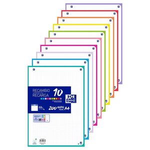 RECAMBIO 10 COLORES BANDA A4 200 HOJAS CUADRO 5MM 90GR SURTIDOS OXFORD